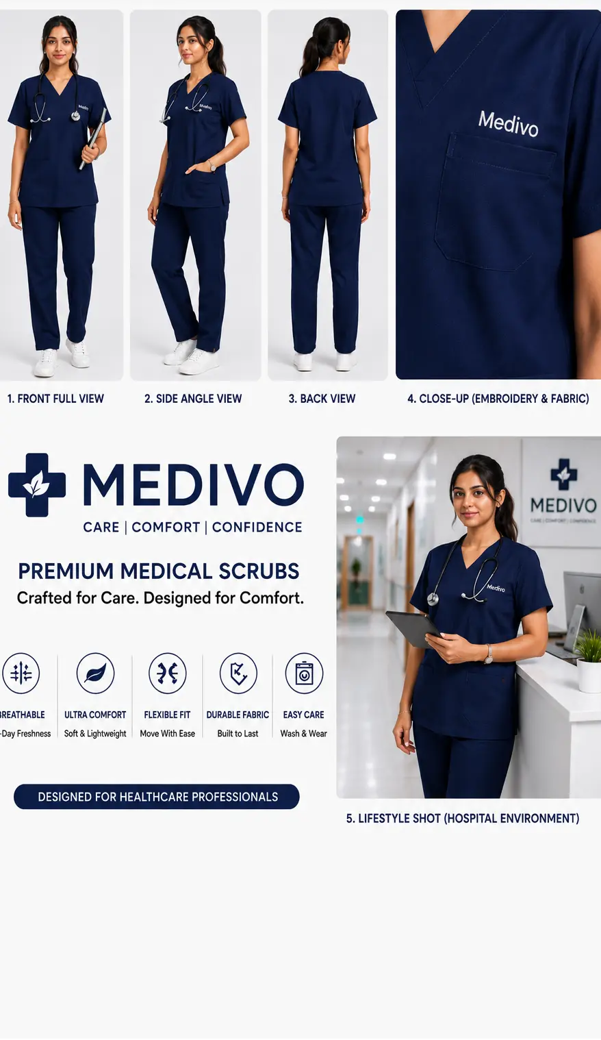 Female Scrub Suit 5 Pocket - (Navy Blue) Medivo