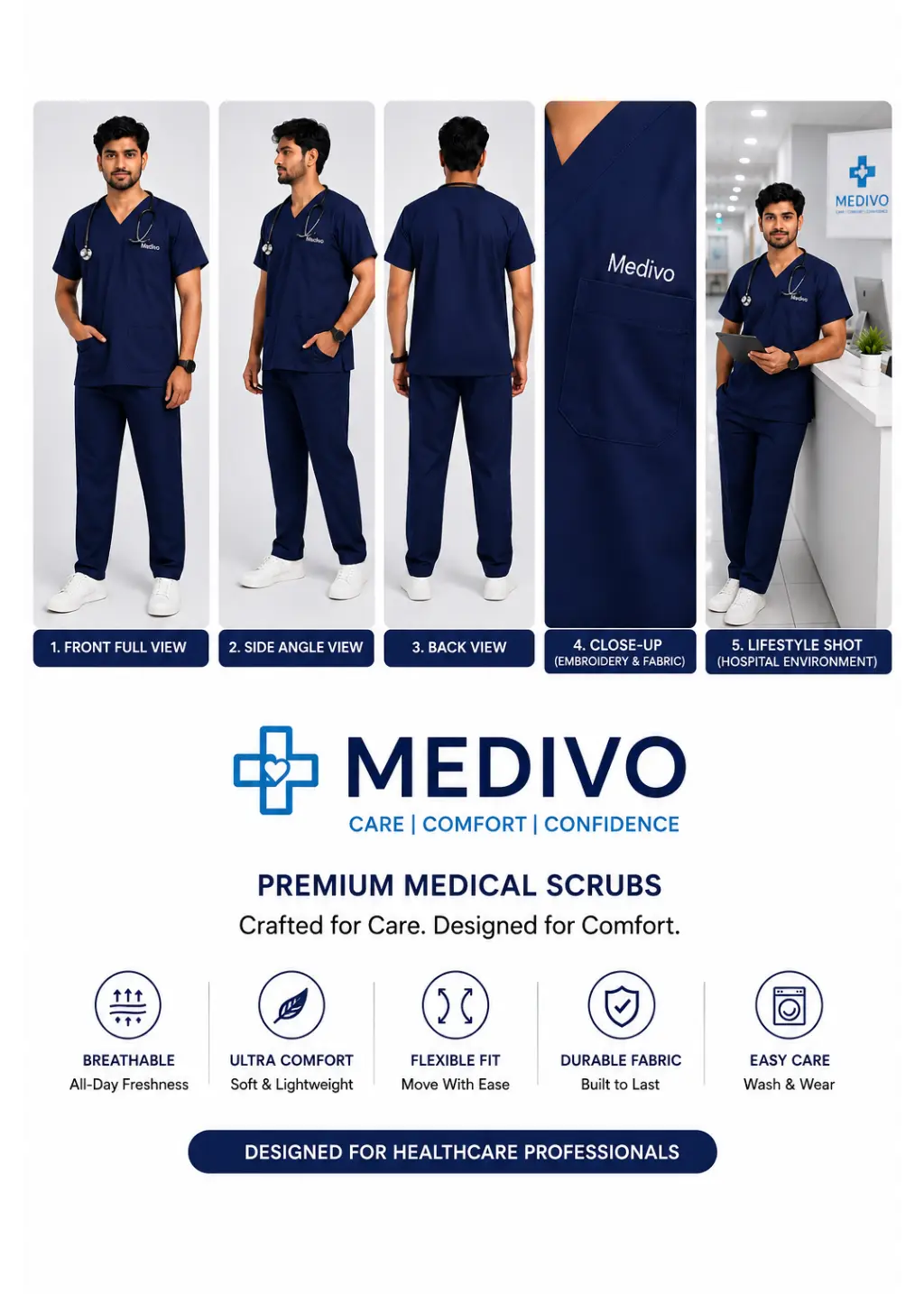 Male Scrub Suit 5 Pocket - (Navy Blue) Medivo